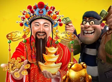 Chinese god of wealth surrounded by gold coins and thief