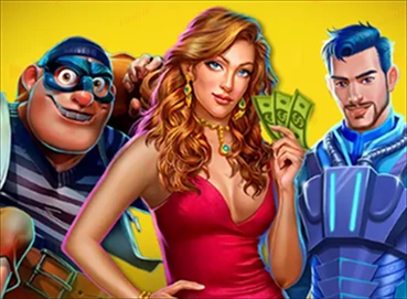 Slotastic characters and villains lineup with yellow background