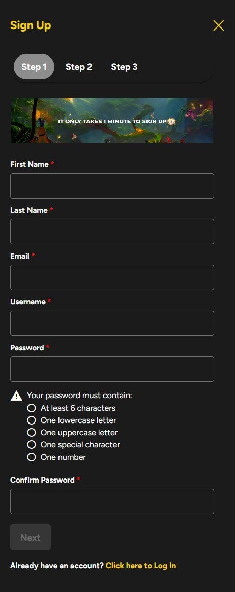 Sign-up form step 1 with name, email and password fields