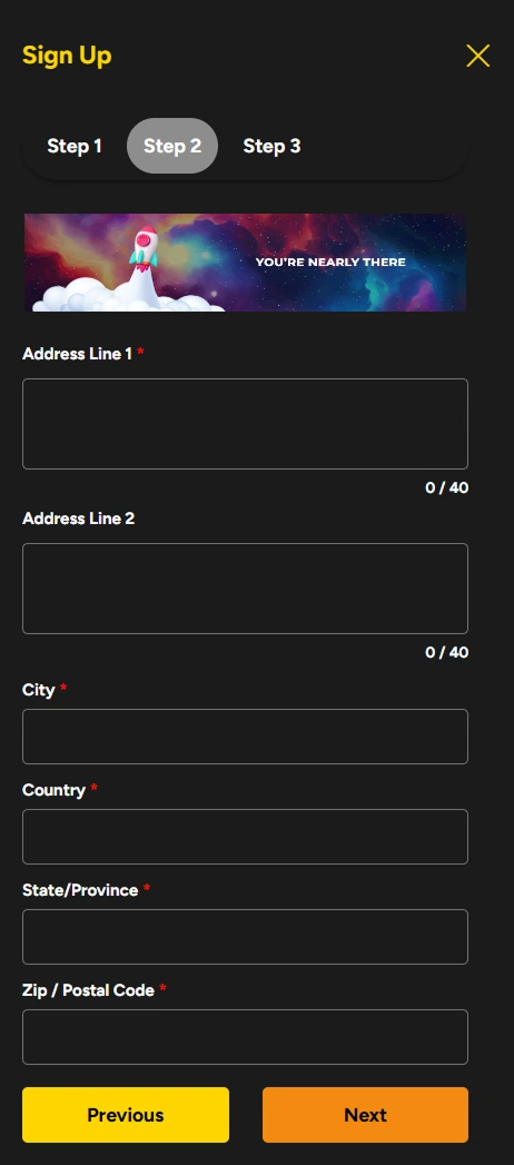 Sign-up form step 2 with address and postal info fields