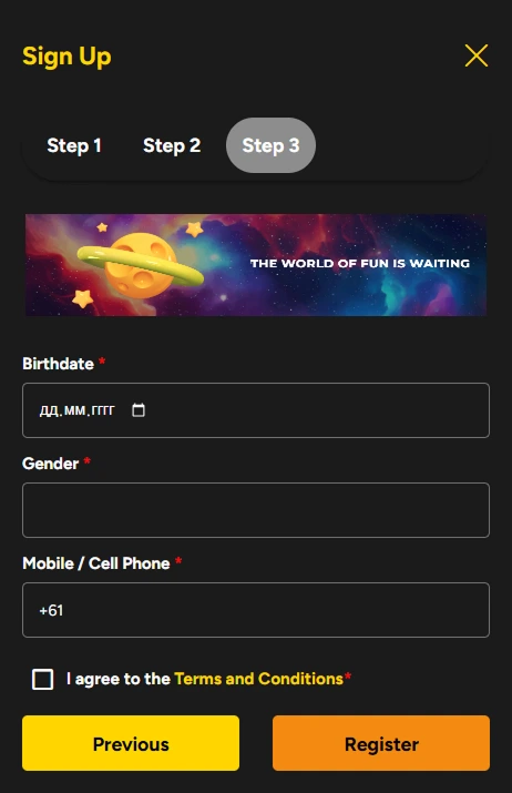 Sign-up form step 3 with birthdate, gender and mobile number fields