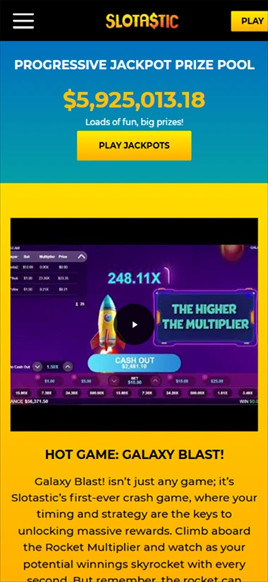 Mobile UI: Jackpot prize pool banner and crash game Galaxy Blast